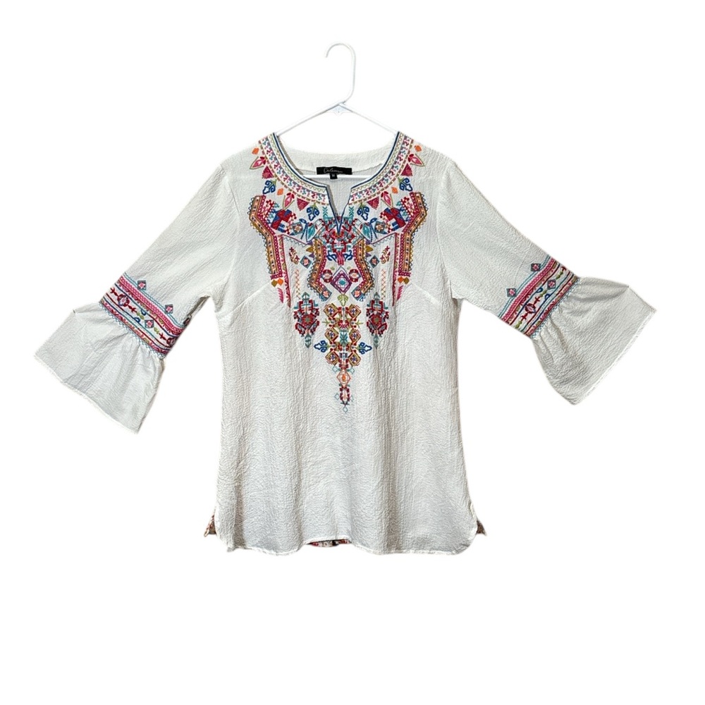 CALESSA Bohemian White Blouse with Colorful Embroidery,Size M - Picture 12 of 13